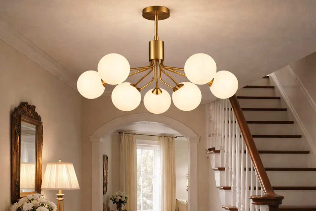 Stunning Mid-Century Brass Globe Chandelier for Entryway