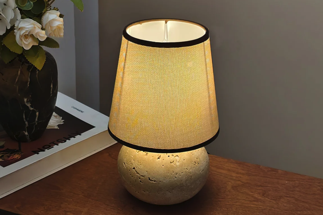 Timeless Elegance: Travertine Stone Table Lamp with Linen Shade